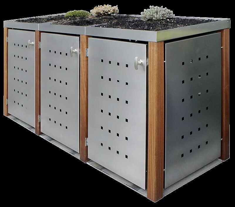 Müllbehälter-Dreifachschrank GARLAND mit Pflanzdach, Türen, Dach, Rück- / Seitenwandelemente aus Edelstahl, Pfosten in Lärchenholz