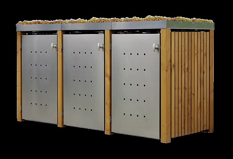 Müllbehälter-Dreifachschrank FONTANA, mit Pflanzdach, Türen und Dach aus Edelstahl, Pfosten, Rück- und Seitenwandelemente aus Lärchenholz