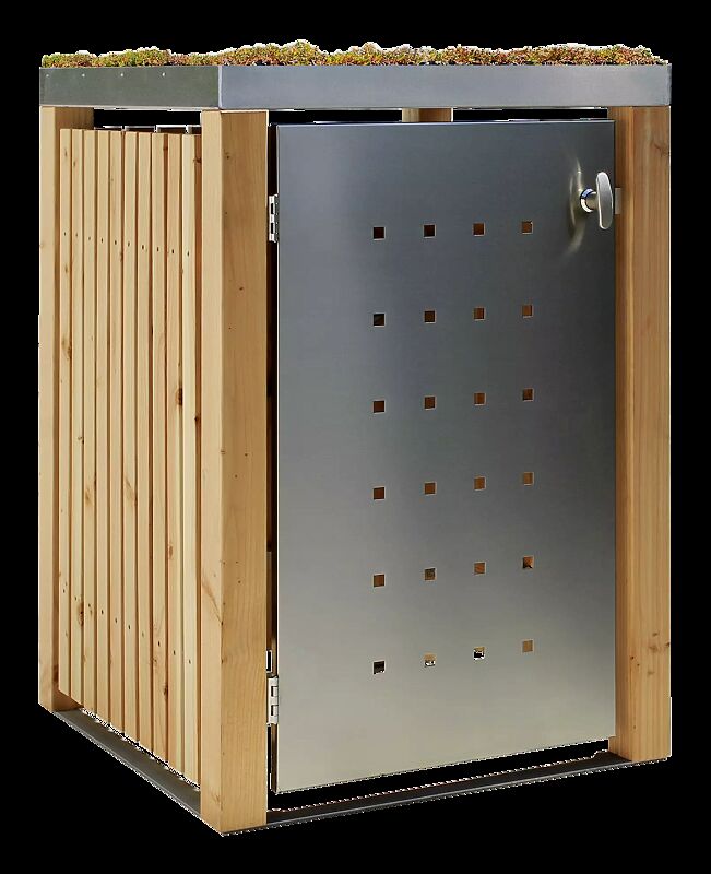 Müllbehälter-Einzelschrank FONTANA, mit Pflanzdach, Türen und Dach aus Edelstahl, Pfosten, Rück- und Seitenwandelemente aus Lärchenholz