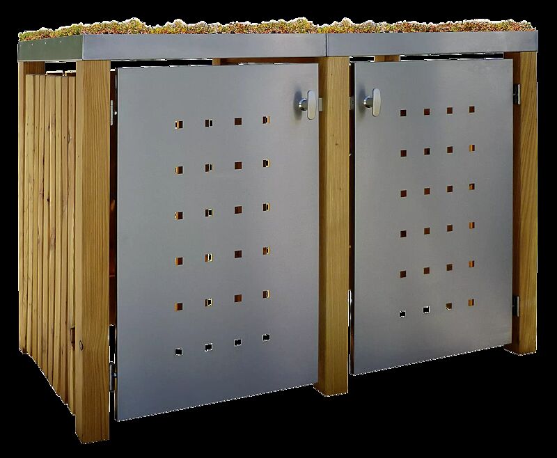 Müllbehälter-Doppelschrank FONTANA, mit Pflanzdach, Türen und Dach aus Edelstahl, Pfosten, Rück- und Seitenwandelemente aus Lärchenholz