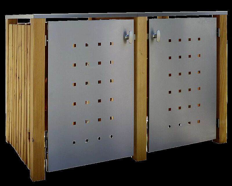 Müllbehälter-Doppelschrank FONTANA, Türen und Dach aus Edelstahl, Pfosten, Rück- und Seitenwandelemente aus Lärchenholz