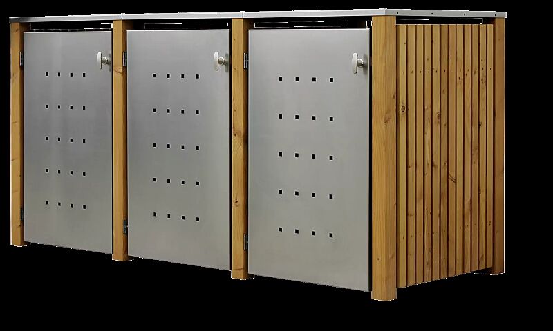 Müllbehälter-Dreifachschrank FONTANA, Türen und Dach aus Edelstahl, Pfosten, Rück- und Seitenwandelemente aus Lärchenholz