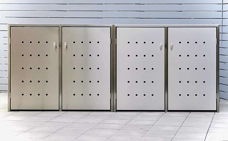 Müllbehälter-Vierfachschrank FAIRBANKS, mit Schiebedach, komplett aus Edelstahl