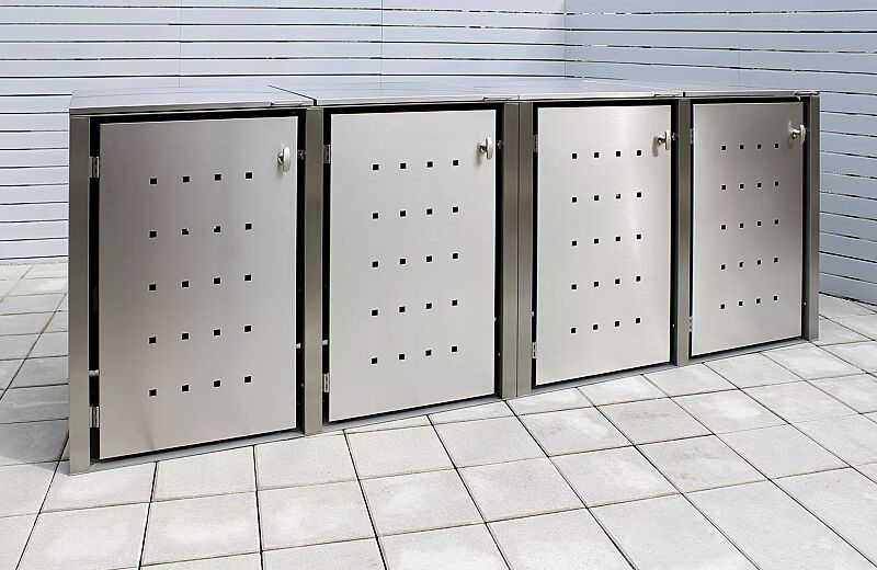 Müllbehälter-Vierfachschrank CHEYENNE, mit Klappdach, komplett aus Edelstahl