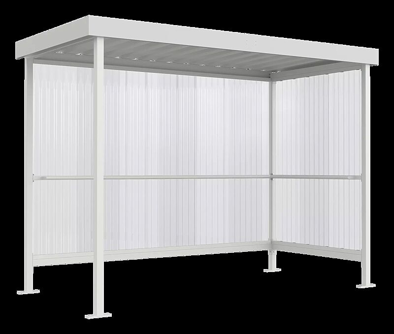 Raucherunterstand CIGAR, Dachbreite x Dachtiefe 2960 mm x 1580 mm, inklusive Rück- / Seitenwand mit integrierter Anlehnmöglichkeit, Stahlkonstruktion in RAL 9002 grauweiß