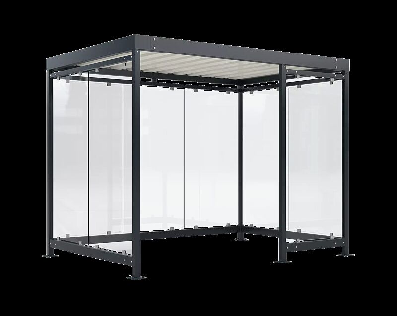 Raucherunterstand BOOTIS, Dachbreite x Dachtiefe 3180 mm x 2165 mm, mit Rück- und Seitenwänden sowie Windschutzwand rechts, Stahlkonstrukion in RAL 7016 anthrazitgrau