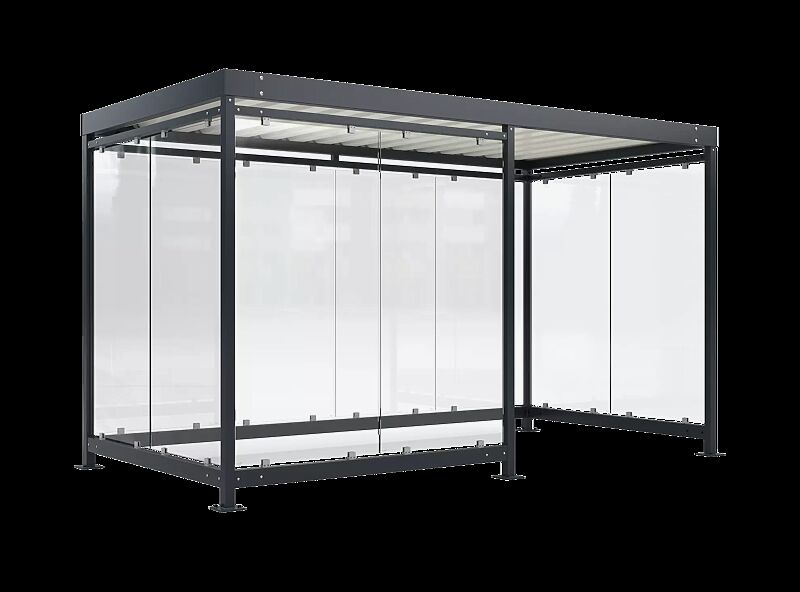 Raucherunterstand BOOTIS, Dachbreite x Dachtiefe 4195 mm x 2165 mm, mit Rück- und Seitenwänden sowie Windschutzwand links, Stahlkonstrukion in RAL 7016 anthrazitgrau