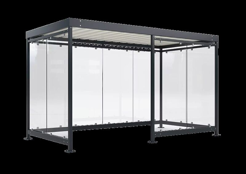 Raucherunterstand BOOTIS, Dachbreite x Dachtiefe 4195 mm x 2165 mm, mit Rück- und Seitenwänden sowie Windschutzwand rechts, Stahlkonstrukion in RAL 7016 anthrazitgrau