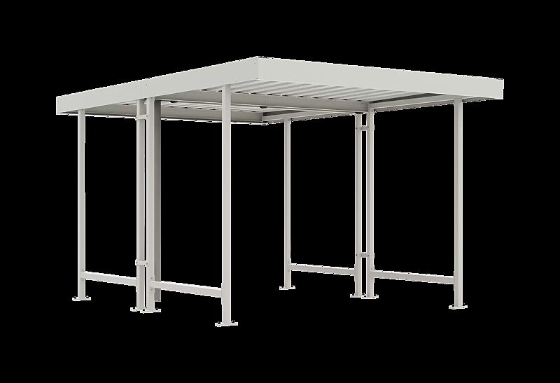 Fahrradüberdachung ARIES, Dachbreite x Dachtiefe 2870 mm x 4400 mm, doppelseitig, ohne Rück- und Seitenwände, Stahlkonstruktion in RAL 9002 grauweiß