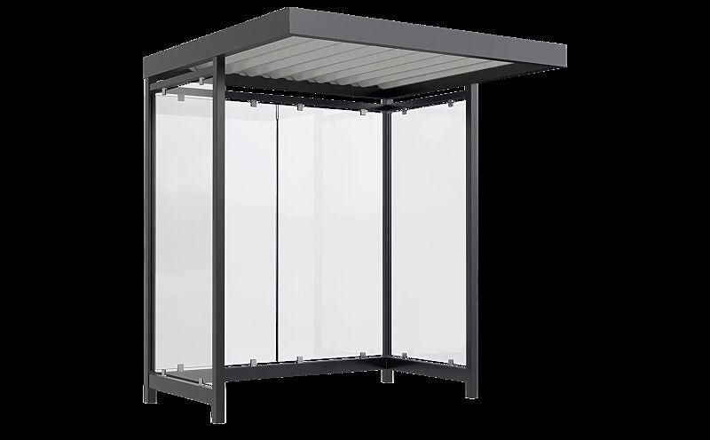 Wartehalle AQUILA, Dachbreite x Dachtiefe 2165 mm x 2165 mm, zum Aufdübeln bei -200 mm, mit Rück- / Seitenwänden, Stahlkonstruktion in RAL 7016 anthrazitgrau