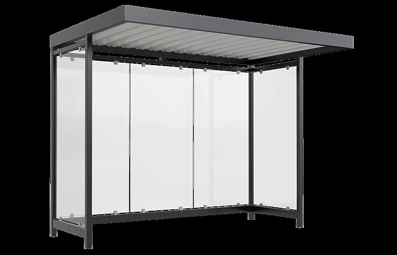 Wartehalle AQUILA, Dachbreite x Dachtiefe 3180 mm x 2165 mm, zum Aufdübeln bei -200 mm, mit Rück- / Seitenwänden, Stahlkonstruktion in RAL 7016 anthrazitgrau