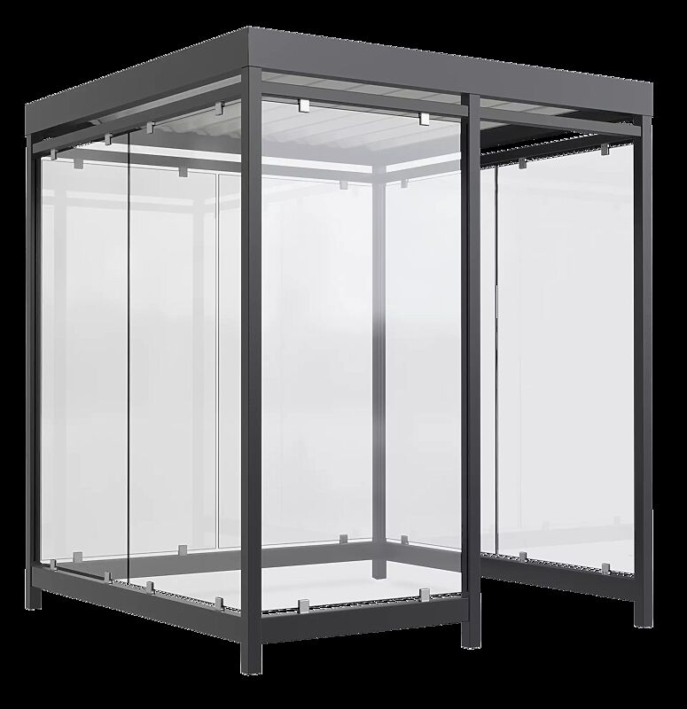 Raucherunterstand AQUILA, Dachbreite x Dachtiefe 2165 mm x 2165 mm, zum Aufdübeln bei -200 mm, mit Rück- / Seitenwände sowie Windschutzwand links, Stahlkonstruktion in RAL 7016 anthrazitgrau