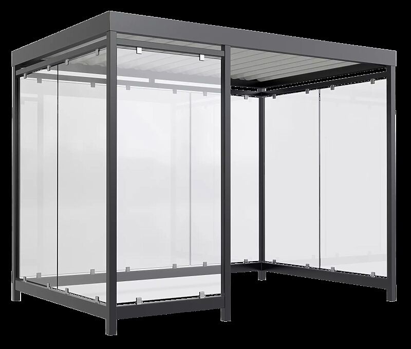 Raucherunterstand AQUILA, Dachbreite x Dachtiefe 3180 mm x 2165 mm, zum Aufdübeln bei - 200 mm, mit Rück- / Seitenwänden sowie Windschutzwand links, Stahlkonstruktion in RAL 7016 anthrazitgrau