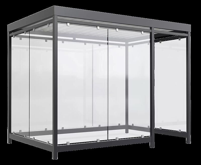 Raucherunterstand AQUILA, Dachbreite x Dachtiefe 3180 mm x 2165 mm, zum Aufdübeln bei -200 mm, mit Rück-, Seiten- / 2 Windschutzwänden links, Stahlkonstruktion in RAL 7016 anthrazitgrau