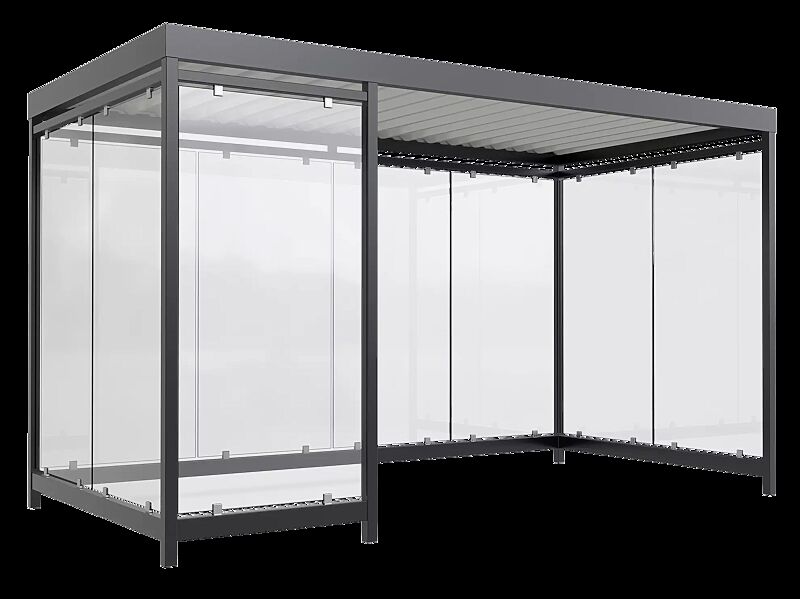 Raucherunterstand AQUILA, Dachbreite x Dachtiefe 4195 mm x 2165 mm, zum Aufdübeln bei -200 mm,  mit Rück- / Seitenwänden sowie Windschutzwand links, Stahlkonstruktion in RAL 7016 anthrazitgrau