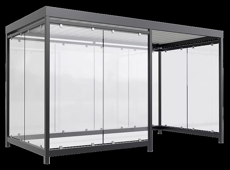 Raucherunterstand AQUILA, Dachbreite x Dachtiefe 4195 mm x 2165 mm, zum Aufdübeln bei -200 mm, mit Rück-, Seiten- / 2 Windschutzwänden links, Stahlkonstruktion in RAL 7016 anthrazitgrau