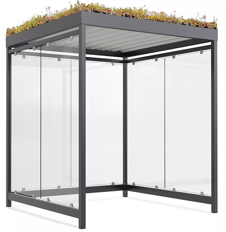 Raucherunterstand AQUILA GREEN, Dachbreite x Dachtiefe 2165 mm x 2165 mm, zum Aufdübeln bei -200 mm, mit Rück- / Seitenwänden, Stahlkonstruktion in RAL 7016 anthrazitgrau