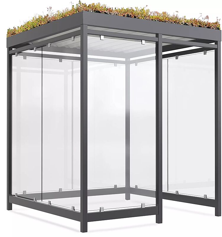 Raucherunterstand AQUILA GREEN, Dachbreite x Dachtiefe 2165 mm x 2165 mm, zum Aufdübeln bei -200 mm, mit Rück- / Seitenwände sowie Windschutzwand links, Stahlkonstruktion in RAL 7016 anthrazitgrau