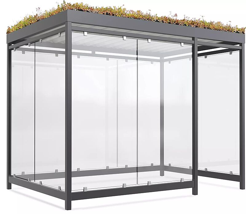 Raucherunterstand AQUILA GREEN, Dachbreite x Dachtiefe 3180 mm x 2165 mm, zum Aufdübeln bei -200 mm, mit Rück-, Seiten- / 2 Windschutzwänden links, Stahlkonstruktion in RAL 7016 anthrazitgrau