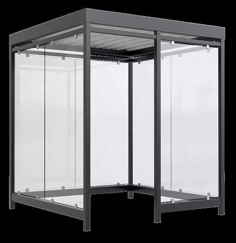 Raucherunterstand AQUILA, Dachbreite x Dachtiefe 2165 mm x 2165 mm, zum Aufdübeln bei -200 mm, mit Rück- / Seitenwänden sowie Windschutzwand rechts, Stahlkonstruktion in RAL 7016 anthrazitgrau