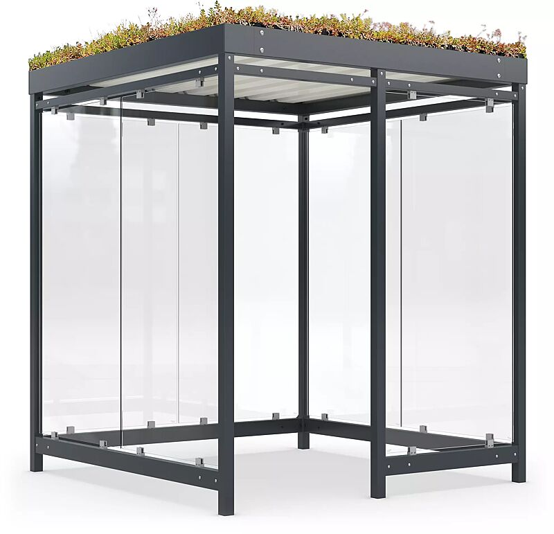 Raucherunterstand AQUILA GREEN, Dachbreite x Dachtiefe 2165 mm x 2165 mm, zum Aufdübeln bei -200 mm, mit Rück- / Seitenwänden sowie Windschutzwand rechts, Stahlkonstruktion in RAL 7016 anthrazitgrau