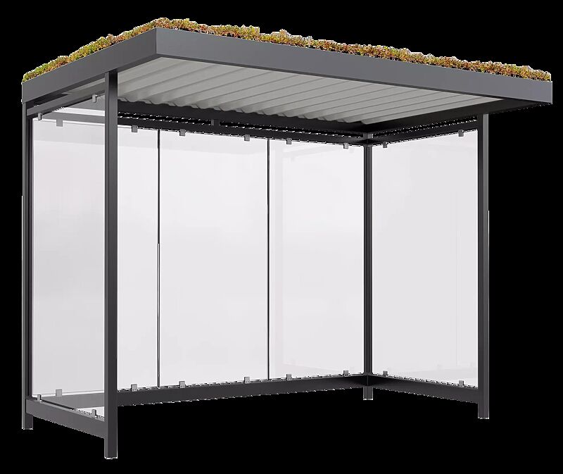 Wartehalle LEONIS GREEN, Dachbreite x Dachtiefe 3180 mm x 2165 mm, zum Aufdübeln bei -200 mm, mit Rück- / Seitenwänden, Stahlkonstruktion in RAL 7016 anthrazitgrau