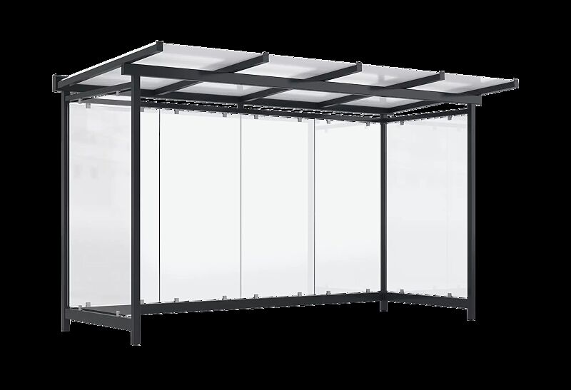 Wartehalle FORNAX, Dachbreite x Dachtiefe 4380 mm x 2065 mm, zum Aufdübeln bei -200 mm, Rück- / Seitenwände ESG, Klarglas, Stahlkonstruktion in RAL 7016 anthrazitgrau