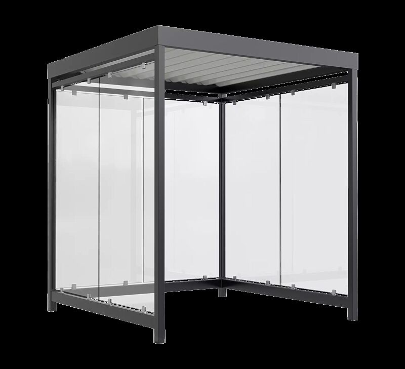 Fahrradüberdachung AQUILA, Dachbreite x Dachtiefe 2165 mm x 2165 mm, zum Aufdübeln bei -200 mm, Rück- / Seitenwände ESG, Klarglas, Stahlkonstruktion in RAL 7016 anthrazitgrau