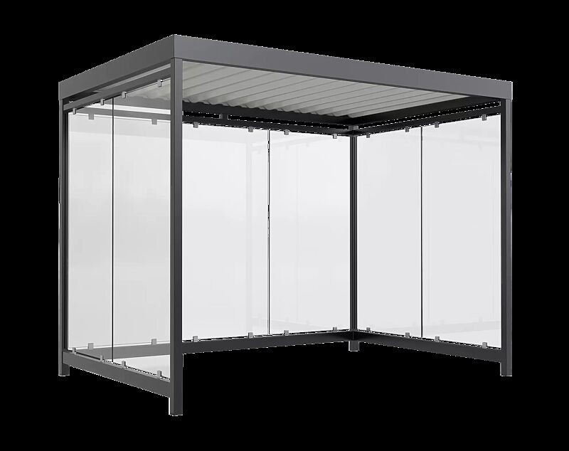 Fahrradüberdachung AQUILA, Dachbreite x Dachtiefe 3180 mm x 2165 mm, zum Aufdübeln bei -200 mm, Rück- / Seitenwände ESG, Klarglas, Stahlkonstruktion in RAL 7016 anthrazitgrau