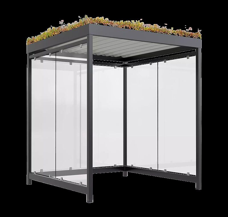 Fahrradüberdachung AQUILA GREEN, Dachbreite x Dachtiefe 2165 mm x 2165 mm, zum Aufdübeln bei -200 mm, Rück- / Seitenwände ESG, Klarglas, Stahlkonstruktion in RAL 7016 anthrazitgrau