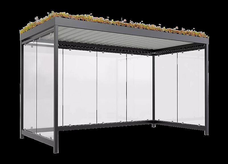 Fahrradüberdachung AQUILA GREEN, Dachbreite x Dachtiefe 4195 mm x 2165 mm, zum Aufdübeln bei -200 mm, Rück- / Seitenwände ESG, Klarglas, Stahlkonstruktion in RAL 7016 anthrazitgrau
