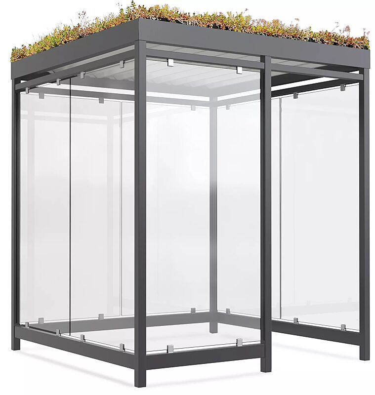 Raucherunterstand LEONIS GREEN, Dachbreite x Dachtiefe 2165 mm x 2165 mm, zum Aufdübeln bei -200 mm, mit Rück- und Seitenwände sowie Windschutzwand links, Stahlkonstruktion in RAL 7016 anthrazitgrau