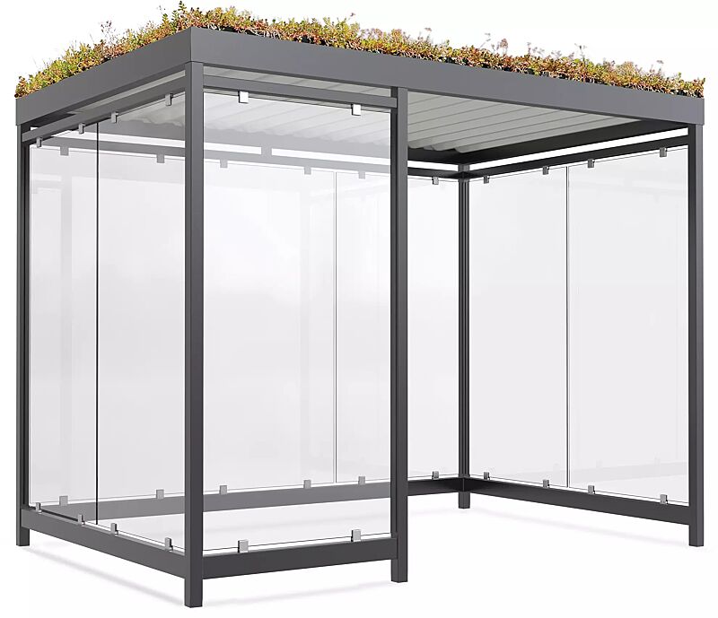 Raucherunterstand LEONIS GREEN, Dachbreite x Dachtiefe 3180 mm x 2165 mm, zum Aufdübeln bei -200 mm, mit Rück- und Seitenwänden sowie Windschutzwand links, Stahlkonstruktion in RAL 7016 anthrazitgrau