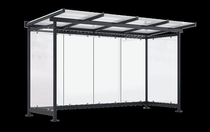 Wartehalle FORNAX, Dachbreite x Dachtiefe 4380 mm x 2065 mm, zum Aufdübeln bei +/- 0 mm, Rück- / Seitenwände ESG, Klarglas, Stahlkonstruktion in RAL 7016 anthrazitgrau