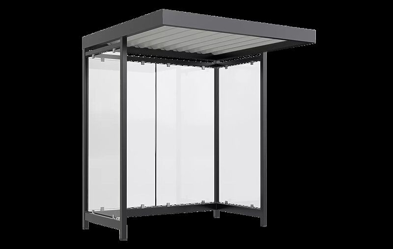 Wartehalle AQUILA, Dachbreite x Dachtiefe 2165 mm x 2165 mm, zum Aufdübeln bei +/- 0 mm, mit Rück- / Seitenwänden, Stahlkonstruktion in RAL 7016 anthrazitgrau