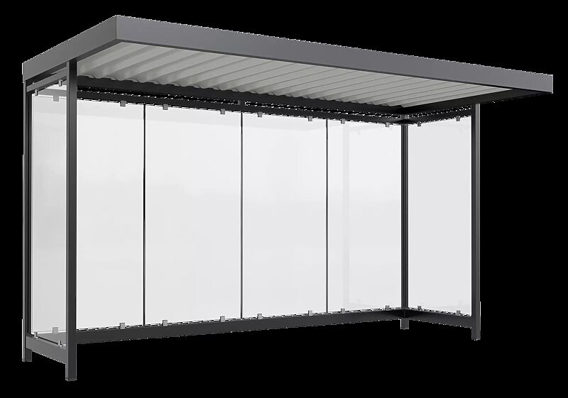 Wartehalle AQUILA, Dachbreite x Dachtiefe 4195 mm x 2165 mm, zum Aufdübeln bei +/- 0 mm, mit Rück- / Seitenwänden, Stahlkonstruktion in RAL 7016 anthrazitgrau