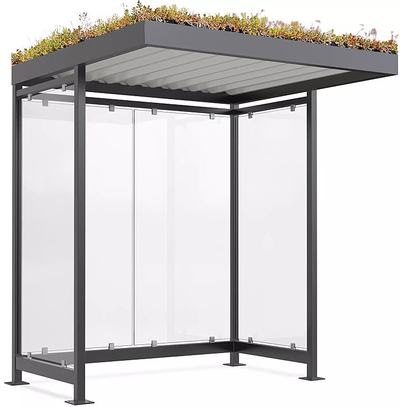 Wartehalle LEONIS GREEN, Dachbreite x Dachtiefe 2165 mm x 2165 mm, zum Aufdübeln bei +/- 0 mm, mit Rück- / Seitenwänden, Stahlkonstruktion in RAL 7016 anthrazitgrau