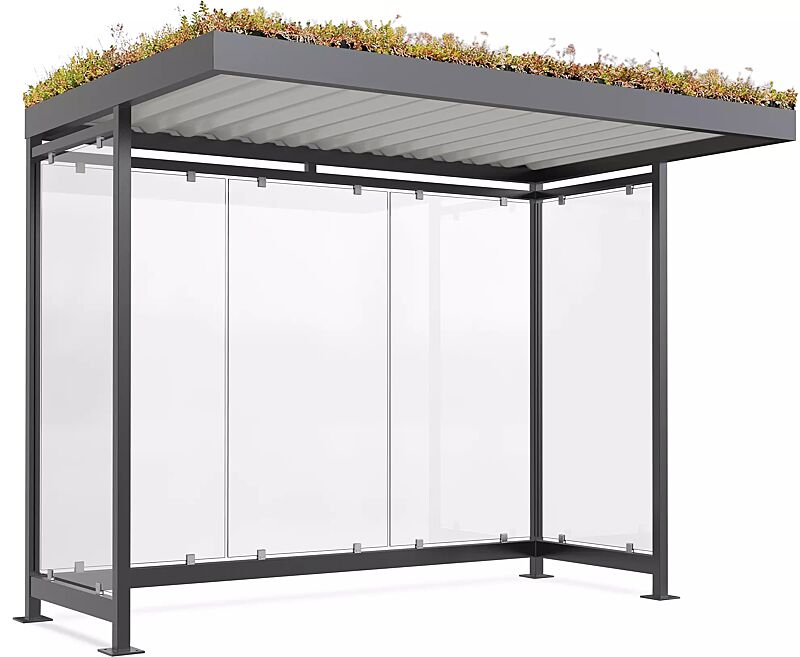 Wartehalle LEONIS GREEN, Dachbreite x Dachtiefe 3180 mm x 2165 mm, zum Aufdübeln bei +/- 0 mm, mit Rück- / Seitenwänden, Stahlkonstruktion in RAL 7016 anthrazitgrau