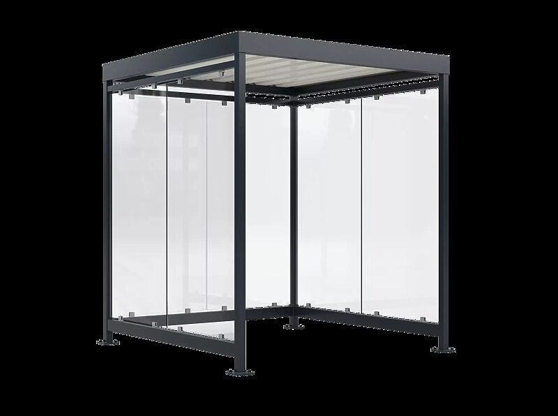 Fahrradüberdachung AQUILA, Dachbreite x Dachtiefe 2165 mm x 2165 mm, zum Aufdübeln bei +/- 0 mm, Rück- / Seitenwände ESG, Klarglas, Stahlkonstruktion in RAL 7016 anthrazitgrau