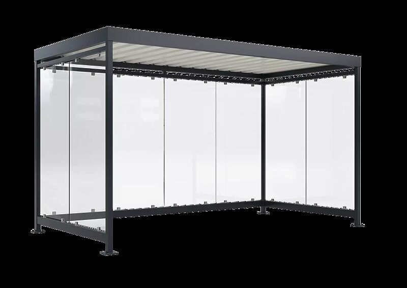 Fahrradüberdachung AQUILA, Dachbreite x Dachtiefe 3180 mm x 2165 mm, zum Aufdübeln bei +/- 0 mm, Rück- / Seitenwände ESG, Klarglas, Stahlkonstruktion in RAL 7016 anthrazitgrau