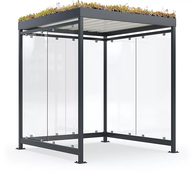 Fahrradüberdachung AQUILA GREEN, Dachbreite x Dachtiefe 2165 mm x 2165 mm, zum Aufdübeln bei +/- 0 mm, Rück- / Seitenwände ESG, Klarglas, Stahlkonstruktion in RAL 7016 anthrazitgrau