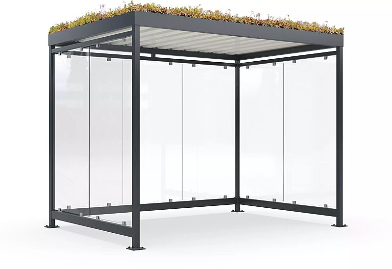 Fahrradüberdachung AQUILA GREEN, Dachbreite x Dachtiefe 3180 mm x 2165 mm, zum Aufdübeln bei +/- 0 mm, Rück- / Seitenwände ESG, Klarglas, Stahlkonstruktion in RAL 7016 anthrazitgrau