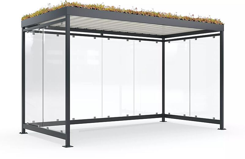 Fahrradüberdachung AQUILA GREEN, Dachbreite x Dachtiefe 4195 mm x 2165 mm, zum Aufdübeln bei +/- 0 mm, Rück- / Seitenwände ESG, Klarglas, Stahlkonstruktion in RAL 7016 anthrazitgrau