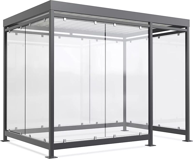 Raucherunterstand AQUILA, Dachbreite x Dachtiefe 3180 mm x 2165 mm, zum Aufdübeln bei +/- 0 mm, mit Rück-, Seiten- / 2 Windschutzwänden links, Stahlkonstruktion in RAL 7016 anthrazitgrau