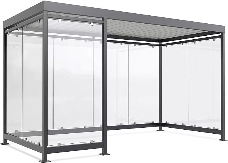 Raucherunterstand AQUILA, Dachbreite x Dachtiefe 4195 mm x 2165 mm, zum Aufdübeln bei +/- 0 mm, mit Rück- / Seitenwänden sowie Windschutzwand links, Stahlkonstruktion in RAL 7016 anthrazitgrau