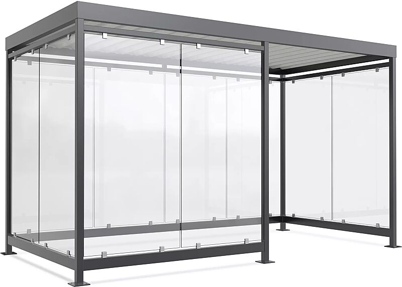 Raucherunterstand AQUILA, Dachbreite x Dachtiefe 4195 mm x 2165 mm, zum Aufdübeln bei +/- 0 mm, mit Rück-, Seiten- / 2 Windschutzwänden links, Stahlkonstruktion in RAL 7016 anthrazitgrau