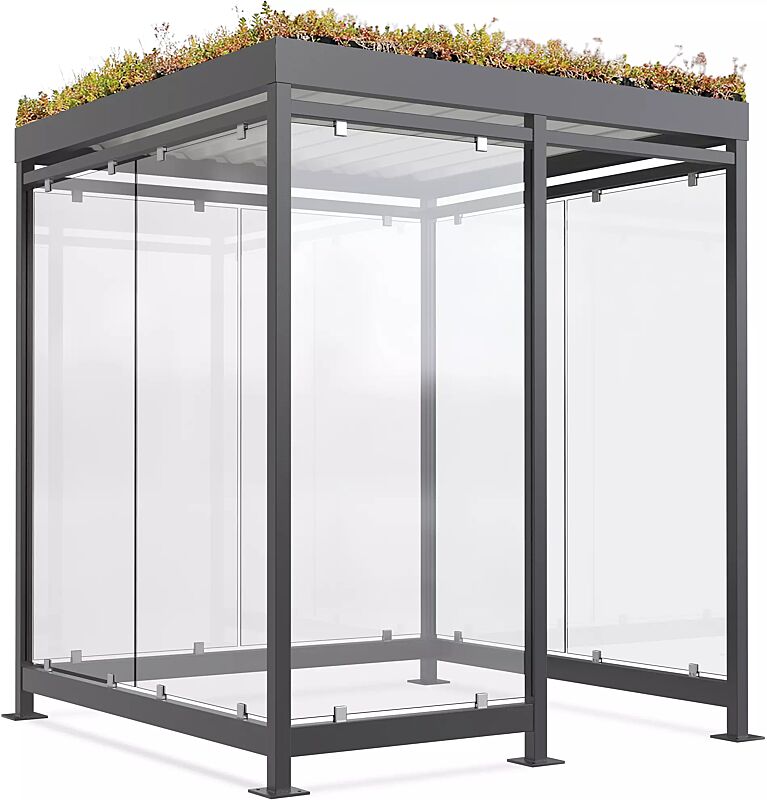 Raucherunterstand AQUILA GREEN, Dachbreite x Dachtiefe 2165 mm x 2165 mm, zum Aufdübeln bei +/- 0 mm, mit Rück- / Seitenwände sowie Windschutzwand links, Stahlkonstruktion in RAL 7016 anthrazitgrau