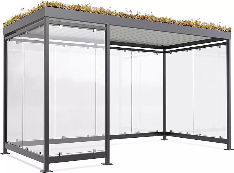 Raucherunterstand AQUILA GREEN, Dachbreite x Dachtiefe 4195 mm x 2165 mm, zum Aufdübeln bei +/- 0 mm, mit Rück- / Seitenwänden sowie Windschutzwand links, Stahlkonstruktion in RAL 7016 anthrazitgrau