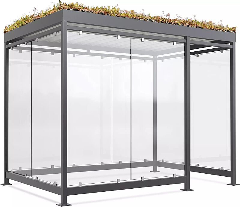 Raucherunterstand AQUILA GREEN, Dachbreite x Dachtiefe 3180 mm x 2165 mm, zum Aufdübeln bei +/- 0 mm, mit Rück-, Seiten- / 2 Windschutzwänden links, Stahlkonstruktion in RAL 7016 anthrazitgrau