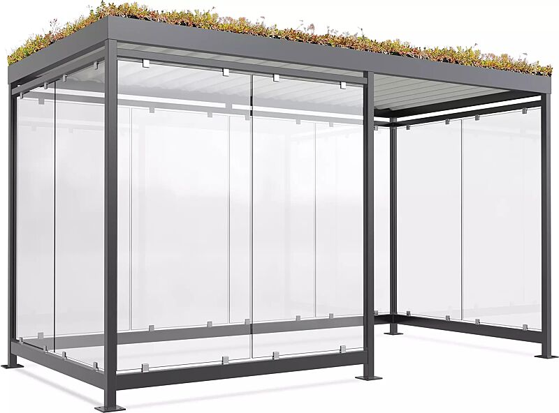 Raucherunterstand AQUILA GREEN, Dachbreite x Dachtiefe 4195 mm x 2165 mm, zum Aufdübeln bei +/- 0 mm, mit Rück-, Seiten- / 2 Windschutzwänden links, Stahlkonstruktion in RAL 7016 anthrazitgrau